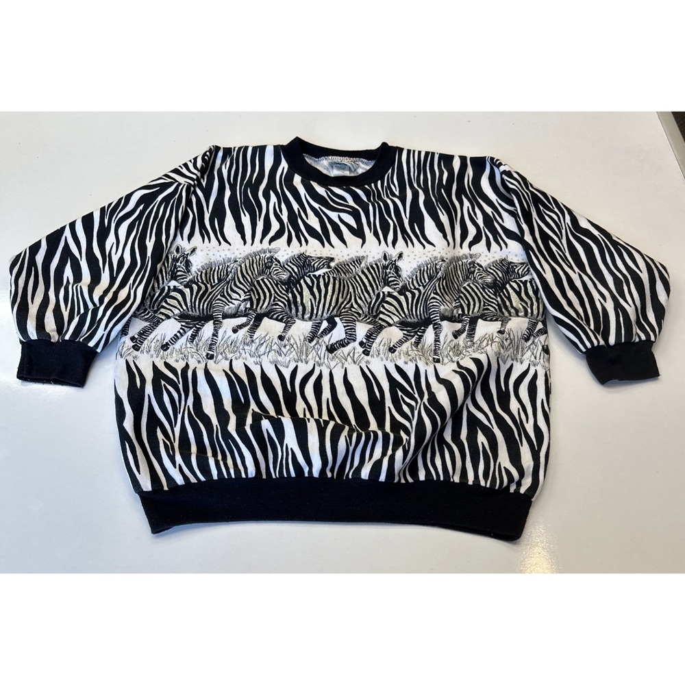 Vintage 80s Zebra Print Sky Lite 1/2 Sleeve Sweatshirt Crewneck Womens Sz Medium